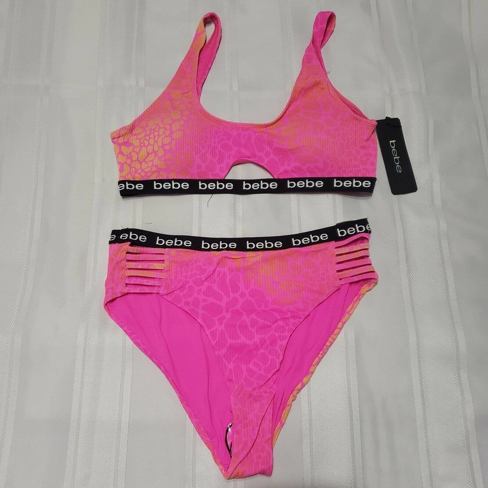Bebe Cut Out Bikini Swimsuit Hot Pink Orange High Waisted Light Padded Logo